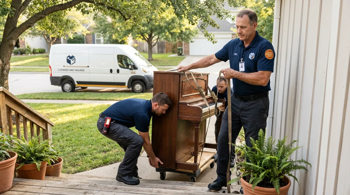 Licensed piano movers securing grand piano in Jefferson, IA
