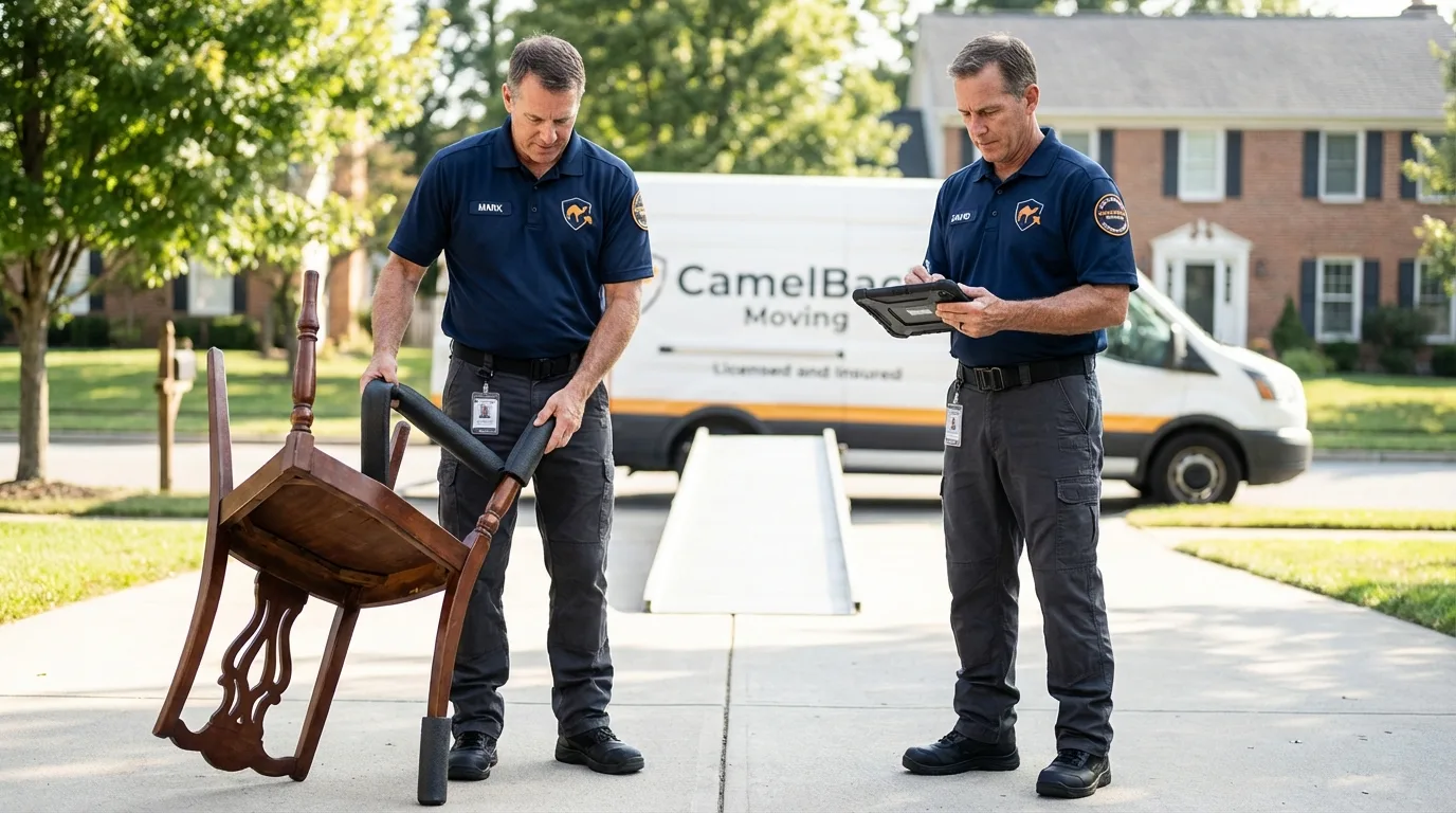 Movers inspecting furniture for damage prevention before loading in Jefferson, IA