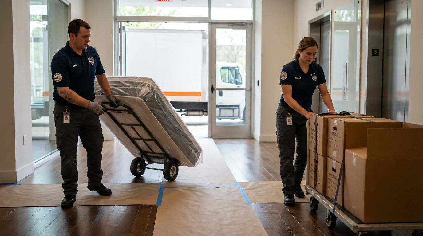 Professional apartment movers loading elevator in Jefferson, IA